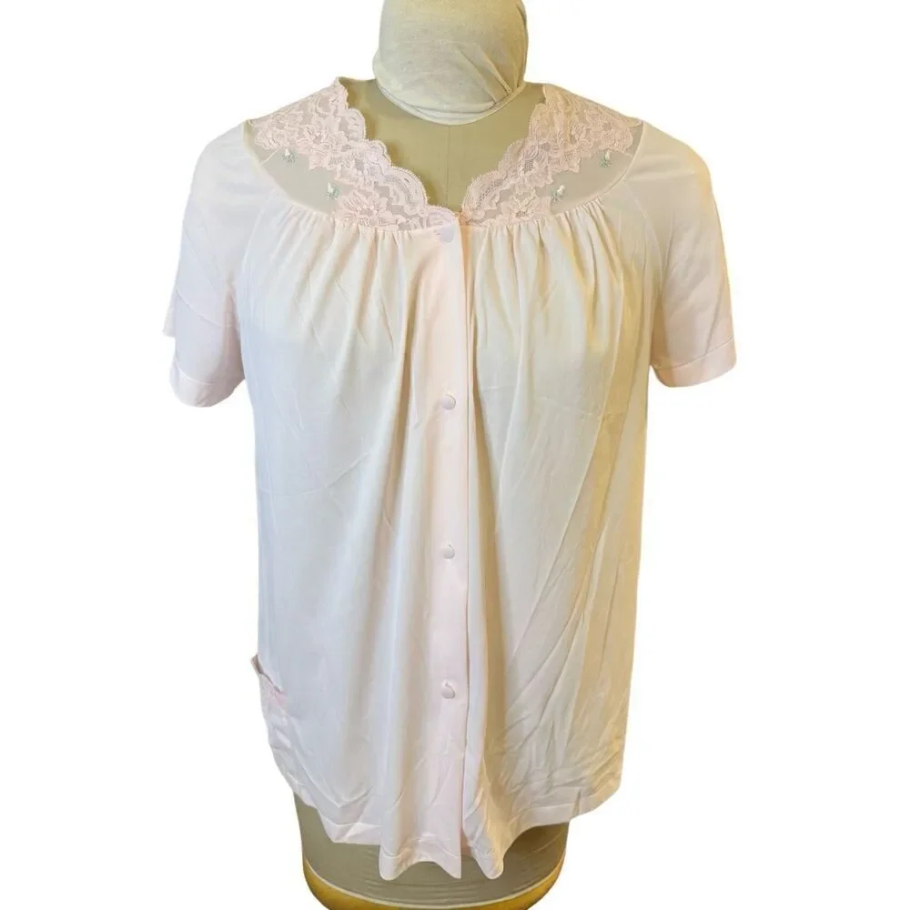 Shadowline Pale Pink Pajama Set Women M-L Silky Lightweight Vtg